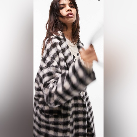Top Shop Black and White Checkered Long Coat - Picture 3 of 8